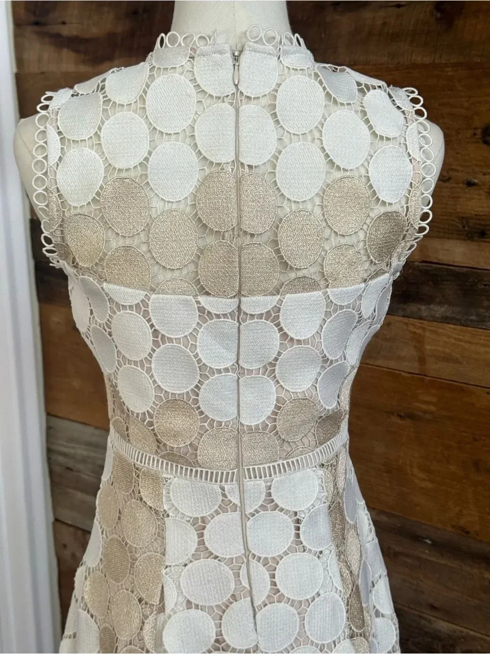 Shoshanna Glengarry Ivory Metallic Gold Circle Lace Midi Cocktail Dress